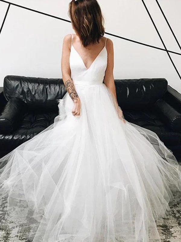 Comfortable Women's Clothing Seasonal Trends A Line V Neck White Tulle Long Prom Dresses, V Neck White Wedding Dresses, White Formal Dresses, Evening Dresses