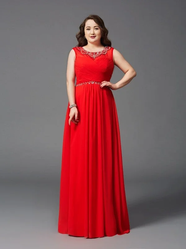 Women's Vintage Clothes Fashion For Every Occasion A-Line/Princess Scoop Beading Sleeveless Long Chiffon Plus Size Dresses