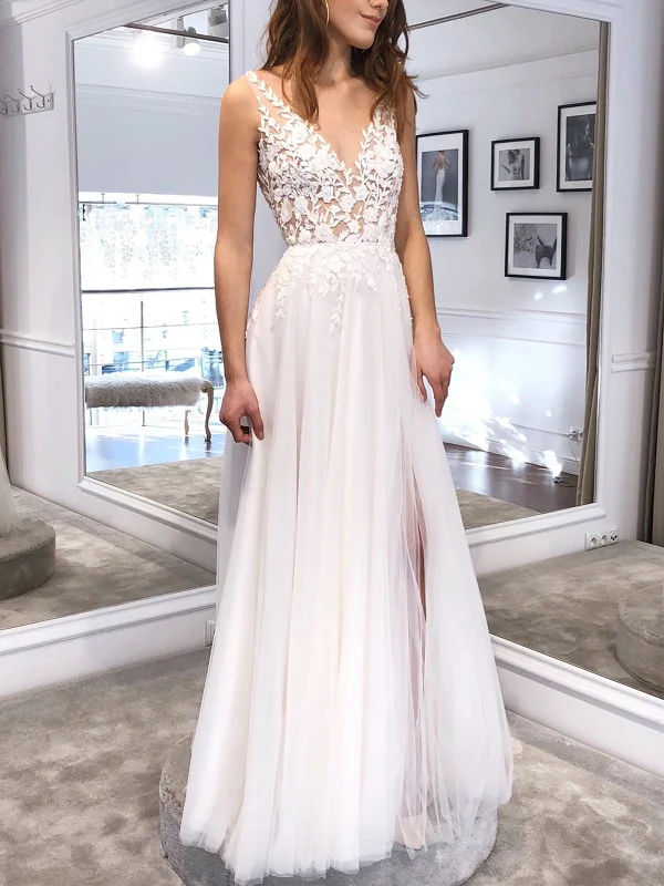 Classic Clothes For Women Chic Styles A Line V Neck White Lace Long Prom Dresses, White Lace Wedding Dresses, White Formal Evening Dresses SP2159