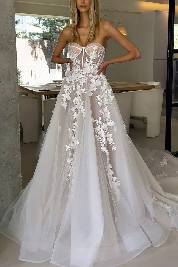 Women's Clothing Sets Latest Trends A Line Sweetheart Lace Applique Bohemian Wedding Bridal Dress