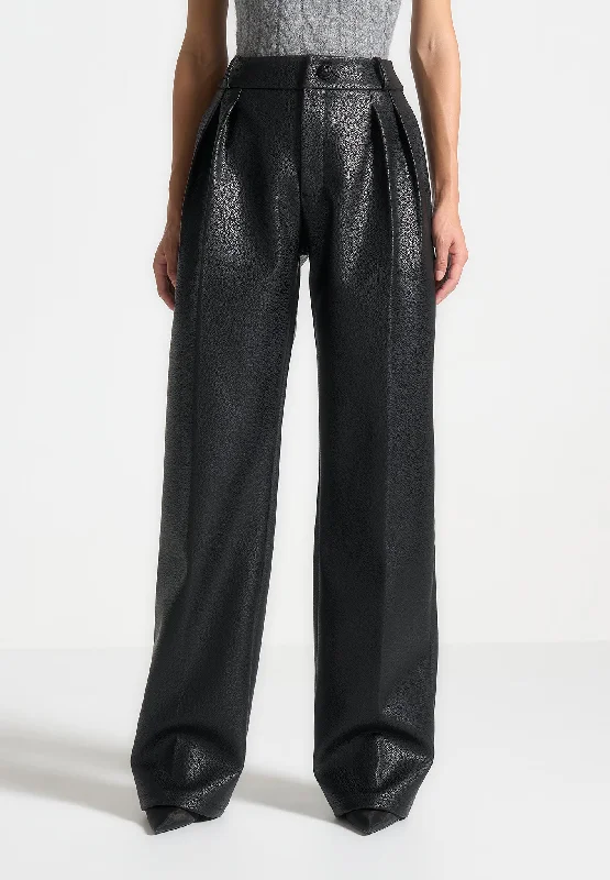 Women's Weekend Outfit Clearance Event Pebbled Leather Pleated Stacked Trousers - Black