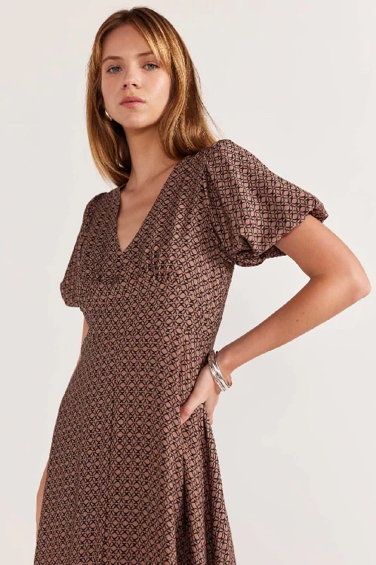 Vintage-Inspired Women's Clothes Unbeatable Prices Memoir Brown Geometric Print Puff Sleeve Midi Dress