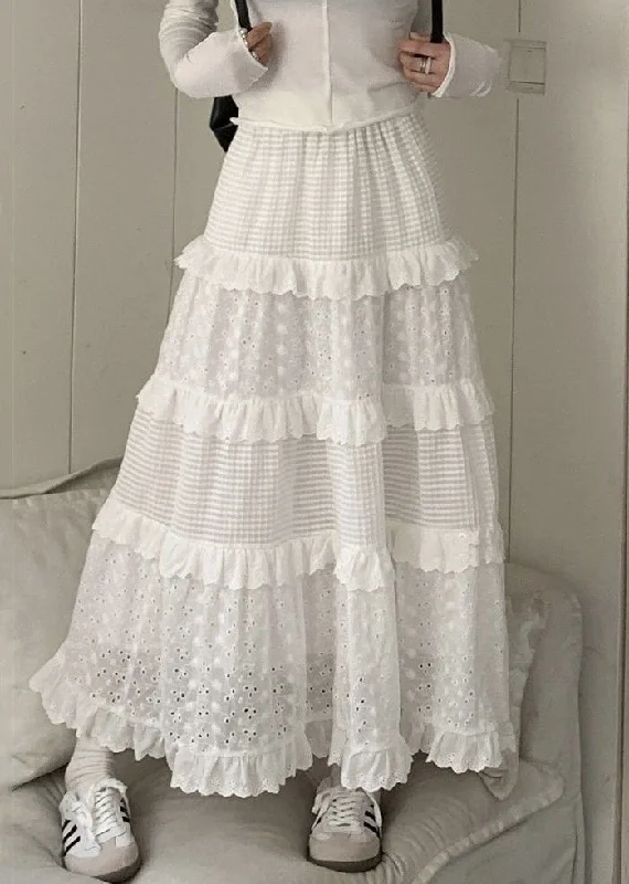 Women's Formal Apparel Summer Deals Beautiful White Ruffled Hollow Out Cotton Skirts Summer