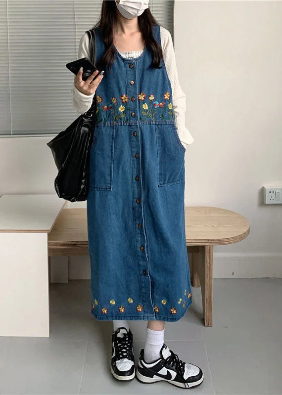 Women's Casual Wear Clothes Day-To-Night Styles Vintage Black Slash Neck Embroidered Patchwork Button Denim Maxi Dress Sleeveless