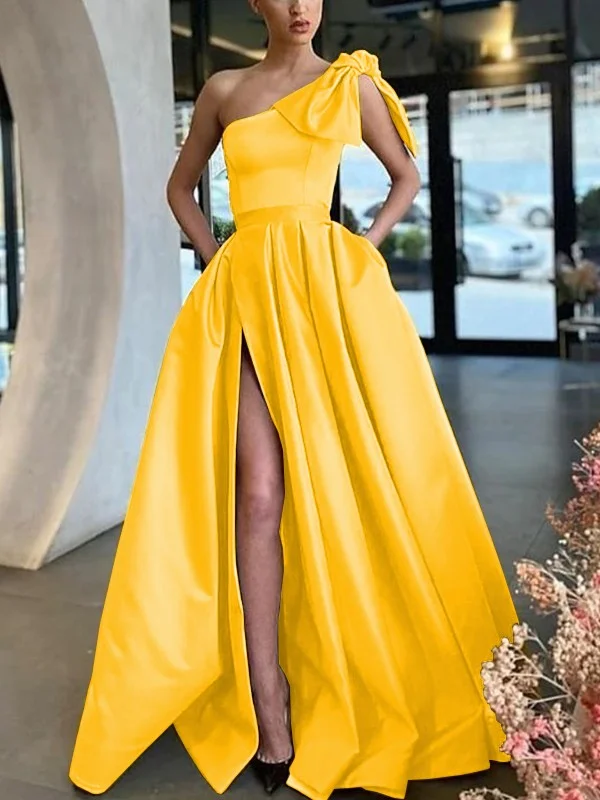 Women's Holiday Apparel Spring Fashion A-Line/Princess Satin One-Shoulder Ruffles Sleeveless Sweep/Brush Train Dresses