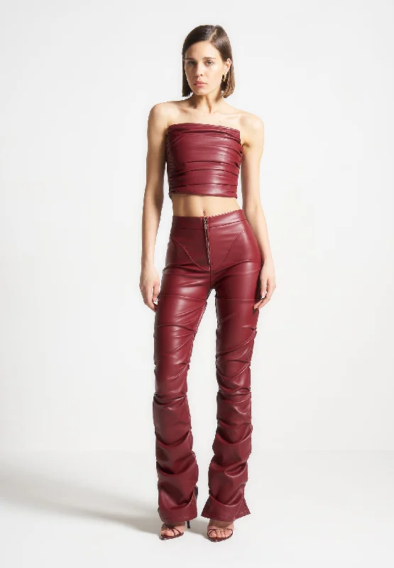 Women's High-Fashion Outfit Spring Wardrobe Tacked Leather Flared Trousers - Wine Red