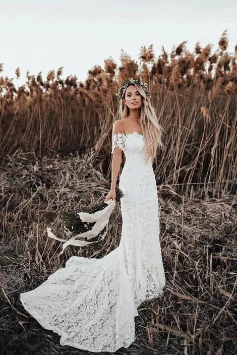 Chic Women's Outfit Flowy Fabric Mermaid Off the Shoulder Lace Beach Wedding Dresses Long Rustic Wedding Dresses N2253