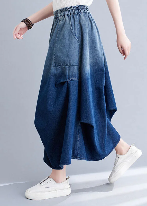 Timeless Women's Garments Attire Sale Stylish Blue Wrinkled Asymmetrical Pockets Patchwork Denim Skirts Summer