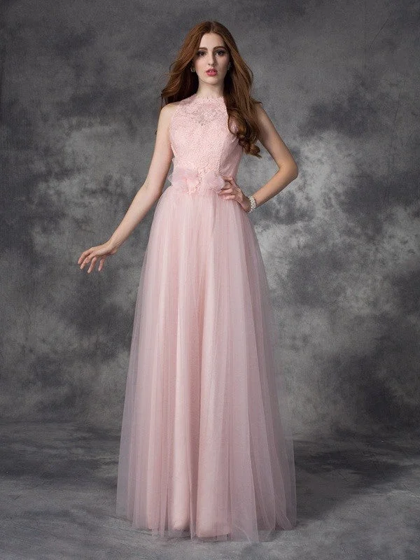 Women's Clothing For Outdoor Activities Fashion-Forward Outfits A-line/Princess Bateau Hand-Made Flower Sleeveless Long Net Dresses