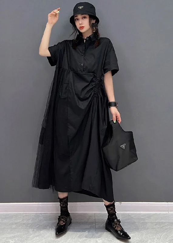 Fashionable Women's Clothes Effortless Everyday Wear Chic Black Peter Pan Collar Cinched Button Tulle Patchwork Maxi Dresses Short Sleeve