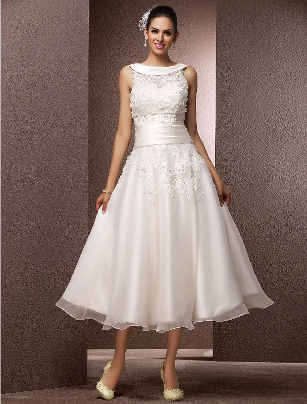 Women's Vacation Outfit Casual Elegance Hall Wedding Dresses Tea Length A-Line Regular Straps Bateau Neck Organza With Pearl Beading