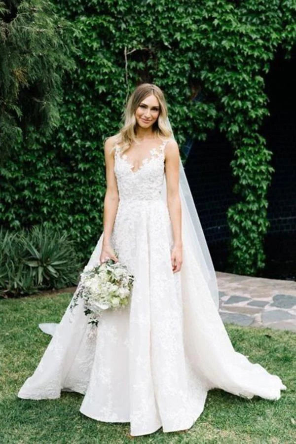 Women's High-Fashion Garments Flowy Fabric A Line Round Neck Floor Length V Neck Cheap Wedding Dress with Lace Appliques