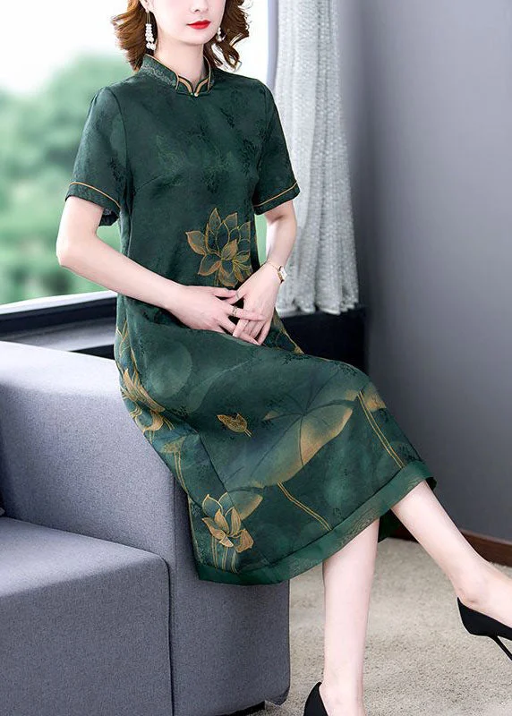 Women's Work Apparel Limited Edition Green Lotus Print Silk A Line Skirts Stand Collar Summer