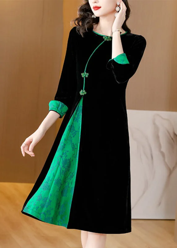 Women's Functional Apparel For Outdoor Activities Everyday Basics Style Black O-Neck Print Patchwork Button Silk Velour Maxi Dresses Fall