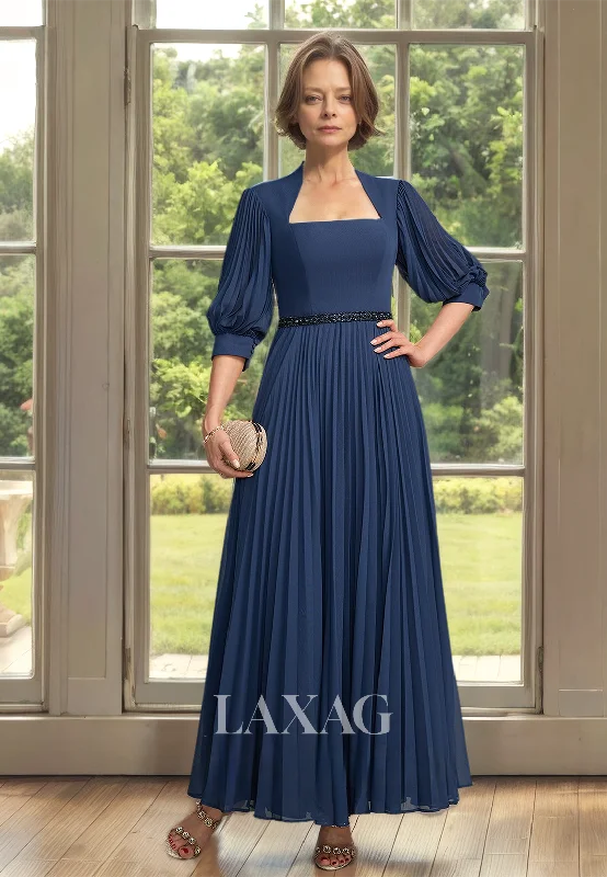 Women's Outfit Special Occasion Wear Half-Sleeves Square-Neck Pleated A-Line Mother of the Bride Gowns Beaded Floor-Length Cocktail Gowns