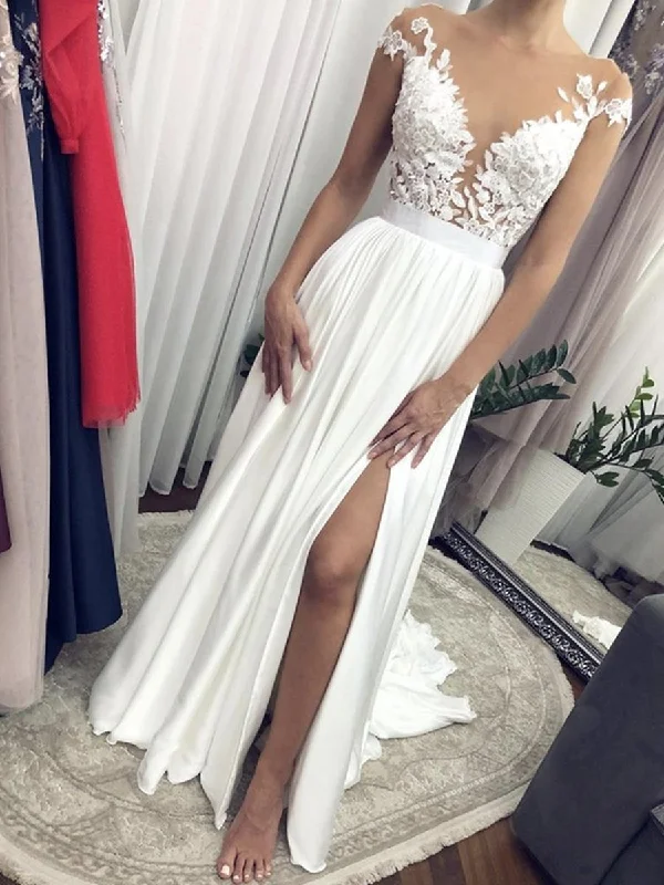 Luxury Women's Clothing Hot Trends Cap Sleeves Round Neck White Lace Long Wedding Dresses, Cap Sleeves White Lace Formal Evening Prom Dresses