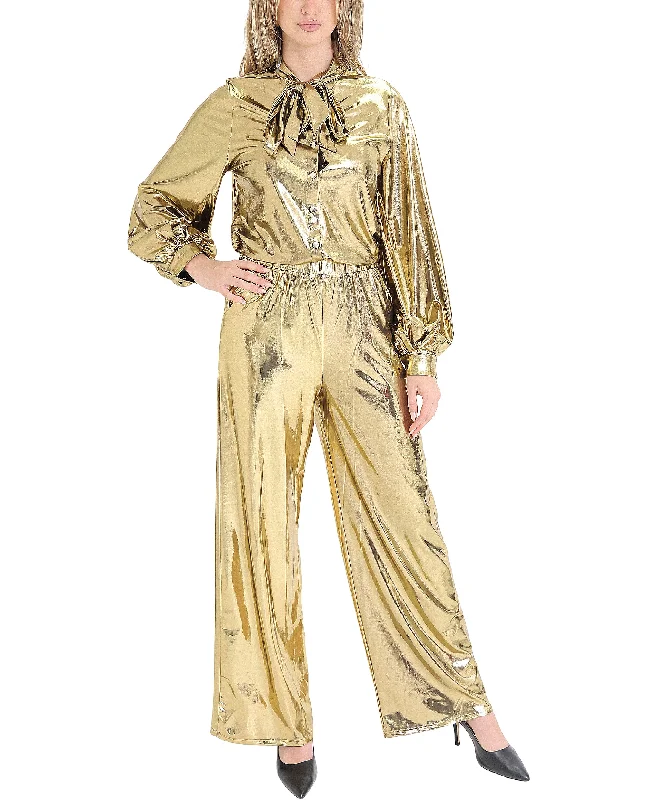 Women's Clothing For Travel Casual Weekend Relaxed Style Gold Metallic Blouse & Pants Set- 2 Pc Set