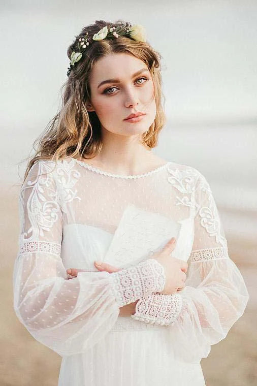 Women's Comfortable Garments Elegant Details A Line See Through Long Sleeve Lace Appliqued Ivory Beach Wedding Dresses