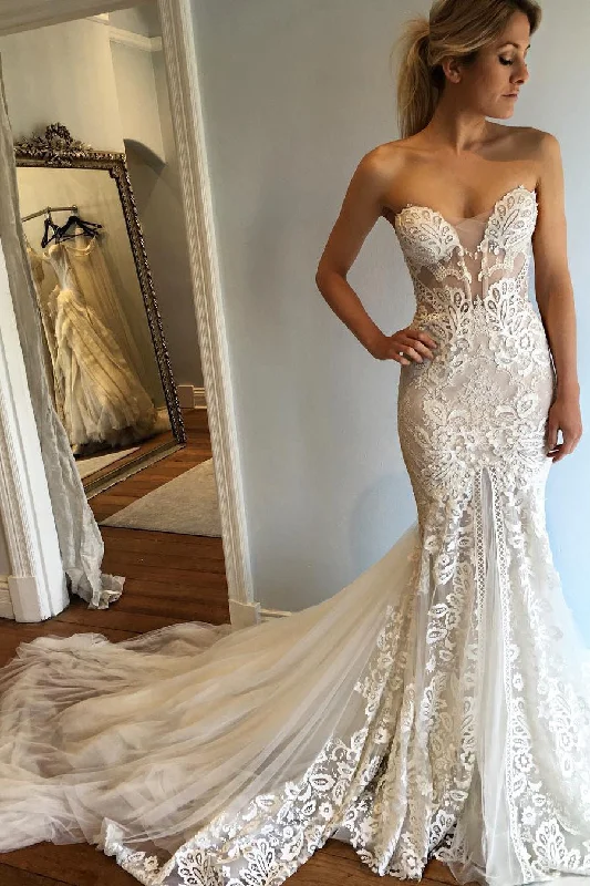 Women's Plus-Size Casual Outfit Casual Chic Strapless Mermaid Court Train Sweetheart Wedding Dress with Lace Appliques N530