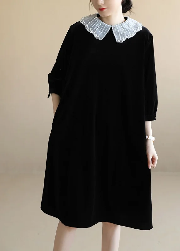 Women's Holiday Clothes Comfort First Women's Wear Simple Black Peter Pan Collar Patchwork Velour Maxi Dresses Bracelet Sleeve