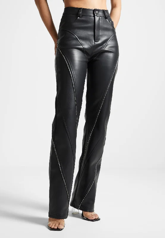 Women's Casual Outfit Update With Cottagecore Styles Leather Biker Trousers with Zip - Black