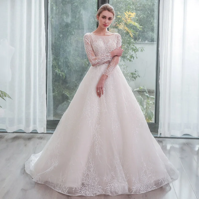 Timeless Women's Apparel Great Deals On Ethnic Cultural Wear Long Sleeves Lace Ball Gown Bridal Lace Wedding Dress