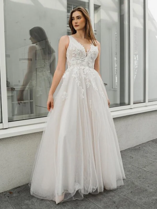 Women's Professional Clothes Limited-Time Offer A Line V Neck White Lace Long Prom Dresses, White Lace Wedding Dresses, White Formal Evening Dresses SP2530