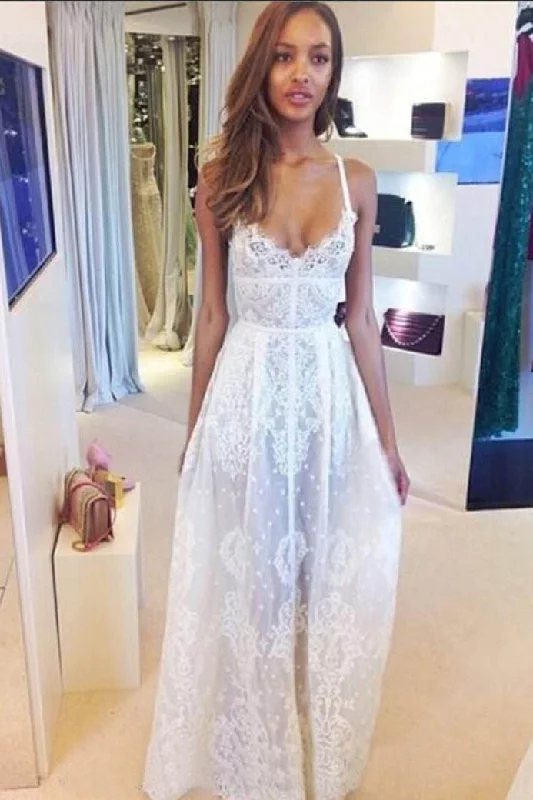 Chic Women's Outfit Seasonal Sale Boho Spaghetti Straps V-Neck Lace Beach Wedding Dress N632