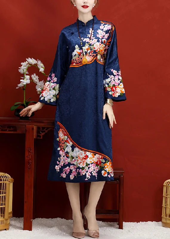 Women's Clothes And Apparel Sets Stupidly Low Prices Navy Embroideried Button Side Open Silk Maxi Dress Long Sleeve