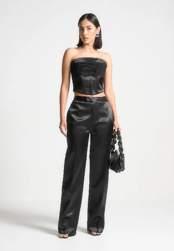 Women's Vacation Outfit Beat The Heat In Tropical Styles Satin Tailored Trousers - Black