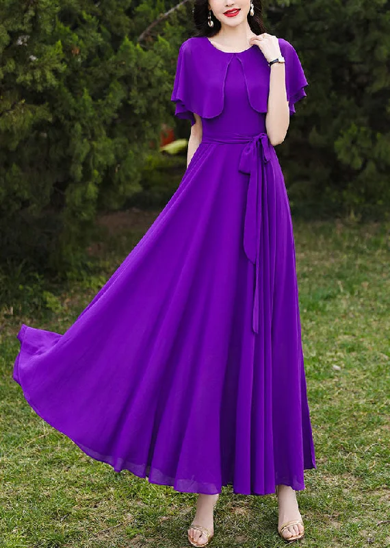 Women's Clothes For Work Events Latest Fashion Brief Purple O-Neck Patchwork Tie Waist Chiffon Holiday Maxi Dresses Short Sleeve