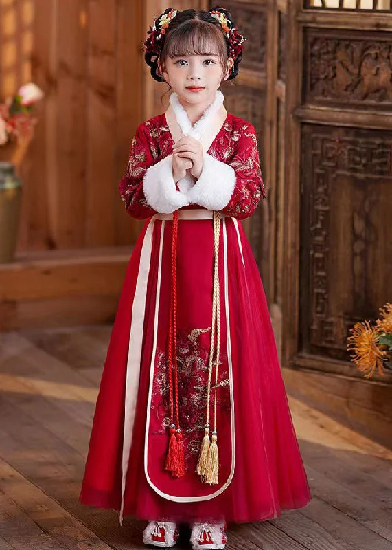 Women's Casual Wear Clothes Versatile Style Wardrobe Cute Red Tie Waist Embroideried Patchwork Tulle Kids Maxi Dresses Long Sleeve