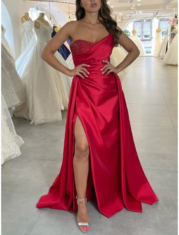 Casual Garments For Women Spring Fling Sale A-Line Evening Gown Elegant Dress Formal Christmas Red Green Dress Sweep / Brush Train Sleeveless Strapless Satin with Pleats Ruched Beading