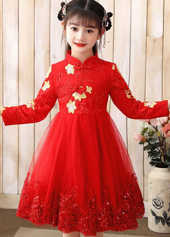 Women's Sporty Clothes All Season Fashion Collection Red Stand Collar Sequins Tulle Kids Maxi Dress Long Sleeve