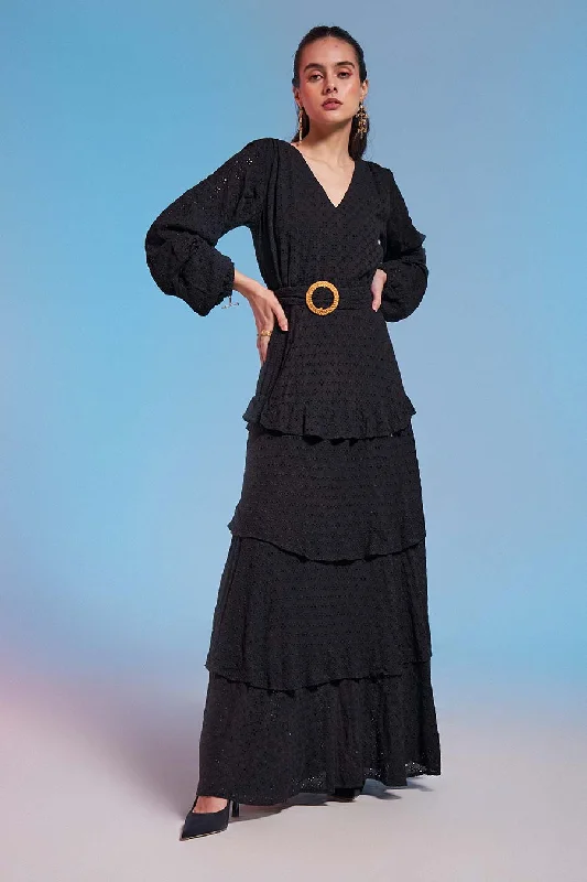 Casual Chic Clothing For Women Feminine Soft - Hued Styles Black Schiffli Embroidered Maxi Dress