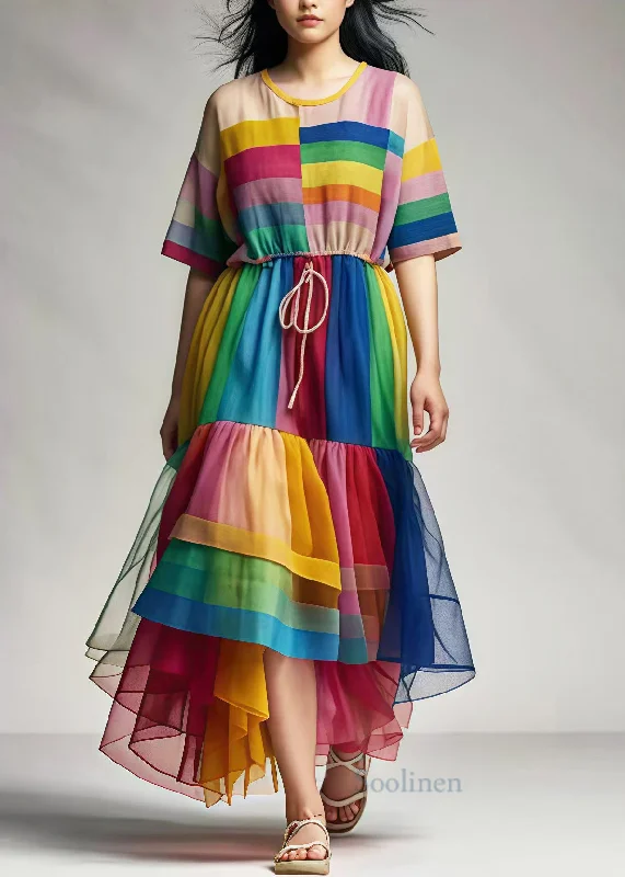 Women's Resort Apparel Trendy Aesthetics Rainbow Patchwork Tulle Maxi Dresses Exra Large Hem Summer