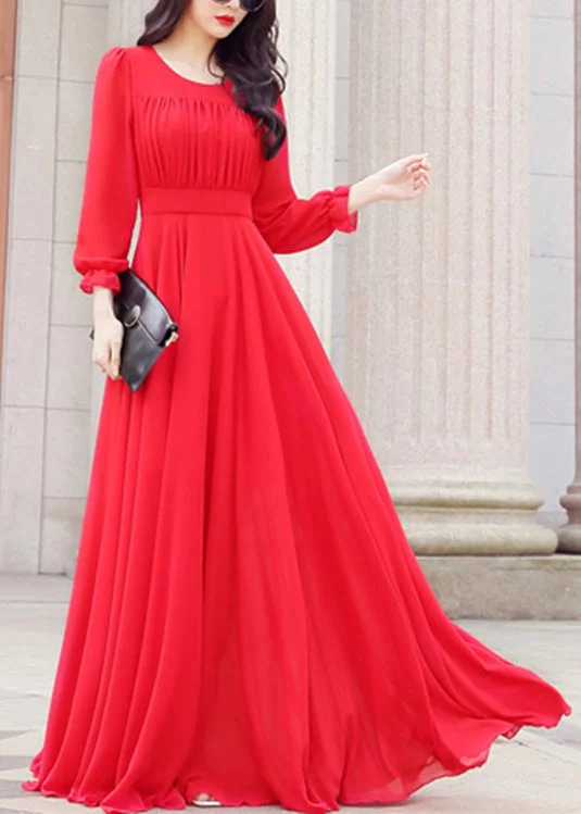 Chic Clothes For Women Style Upgrade Unique Red O-Neck Slim Solid Chiffon Maxi Dress Spring