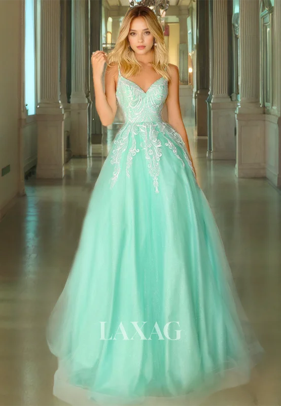 Women's Work Outfit Limited Styles Elegant Lace Tulle Floor Length Prom Gown  V-Neck Mint Green A-Line Quinceanera Dress