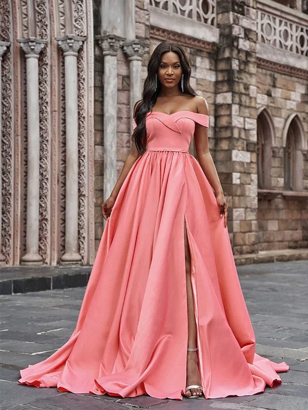 Affordable Luxury Women's Garments Hot Styles A-Line/Princess Satin Sleeveless Ruffles Off-the-Shoulder Court Train Dresses