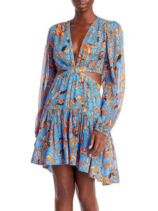 Women's Relaxed Outfit Vibrant Prints Womens Silk Cut-Out Mini Dress