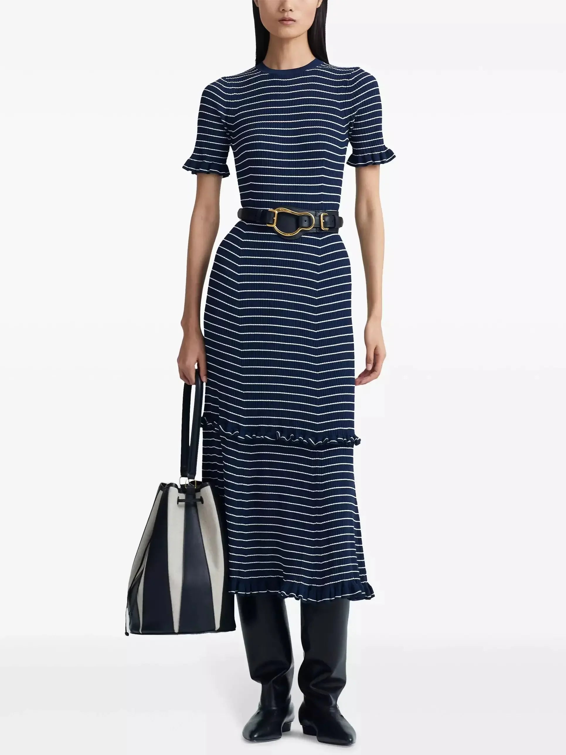 Women's Chic Outerwear Garments Innovate Your Wardrobe Stripe Ruffle Trim Midi Dress in Navy