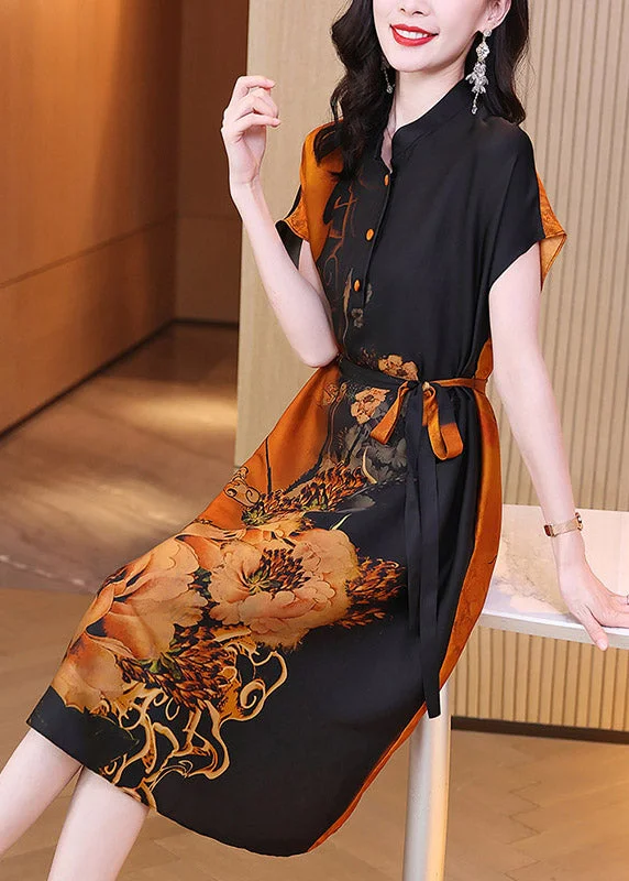 Women's Clothes For Work Vintage Style Clothing Sale Sexy Casual O-Neck Print Button Tie Waist Silk Maxi Dresses Short Sleeve