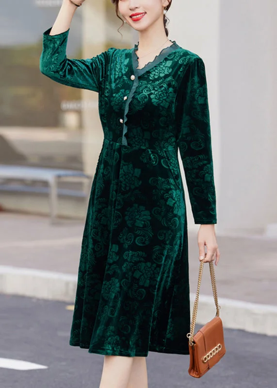 Women's Holiday Clothes Elevate Your Wardrobe Natural Blackish Green Print Patchwork Button Silk Velour Maxi Dress Fall