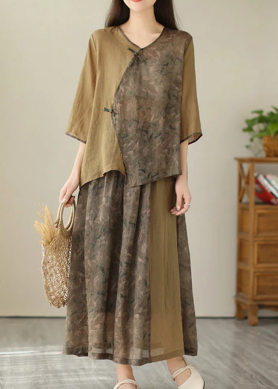 Women's Comfortable Lounge Garments Hot Picks Vintage Khaki Print Linen Top And A Line Skirts Two Pieces Set Summer