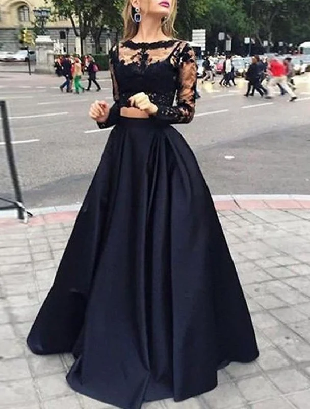 Chic Women's Garments Fashion-Forward A-Line Evening Dress Black Dress Vintage Dress Masquerade Floor Length Long Sleeve Jewel Neck Gothic Satin with Appliques