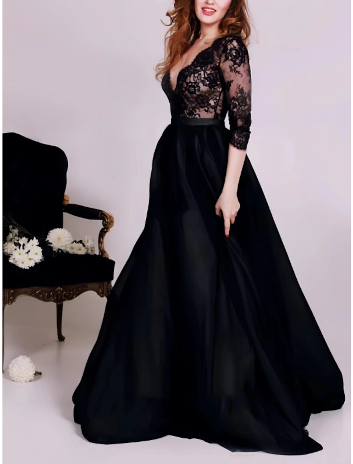 Women's Vintage-Inspired Outfit Vintage Retro Party Wear A-Line Evening Gown Party Dress Birthday Fall Floor Length 3/4 Length Sleeve V Neck Satin with Pleats