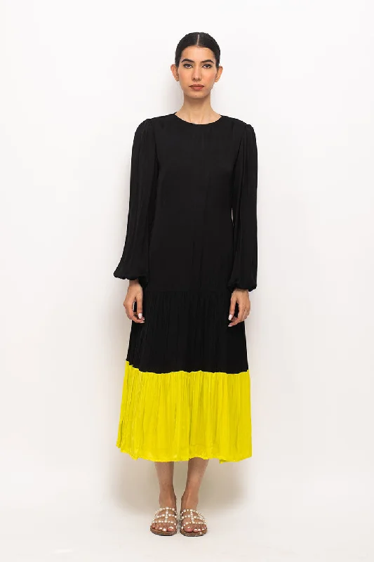 Women's Evening Outfit Anniversary Sale Black-Yellow Gather Maxi Dress