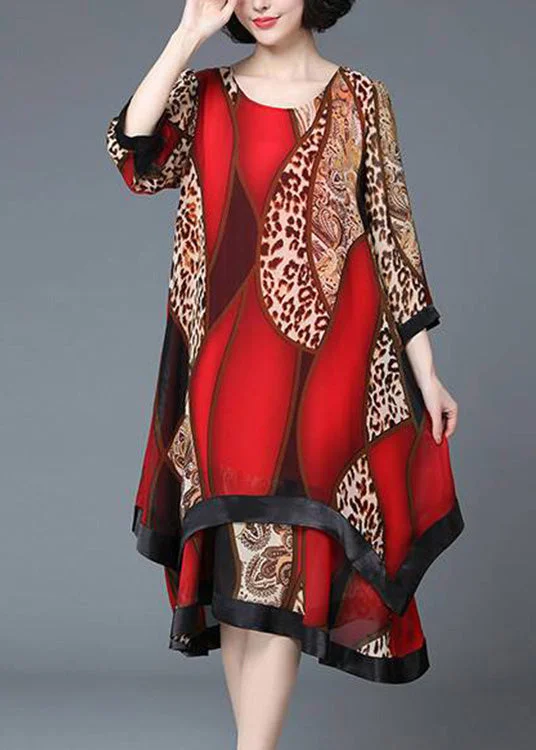 Women's Clothing Sets Unbeatable Prices Stylish Red O-Neck Asymmetrical Print Patchwork Layered Maxi Dress Spring