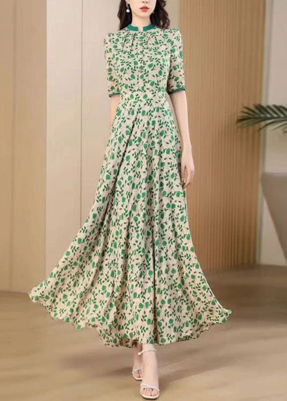 Women's High-Fashion Clothes Fashion Forward Cute Green O-Neck Print Wrinkled Chiffon Maxi Dresses Short Sleeve