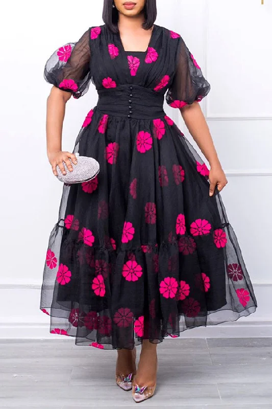 Elegant Women's Evening Garments Unbeatable Prices Flower Print Feminine Mesh Layered Midi Dress